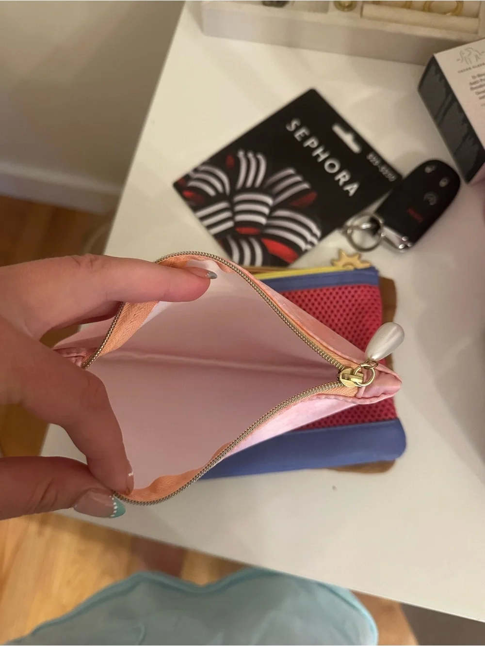 Pink Satin Cosmetic Pouch with Gold Zip